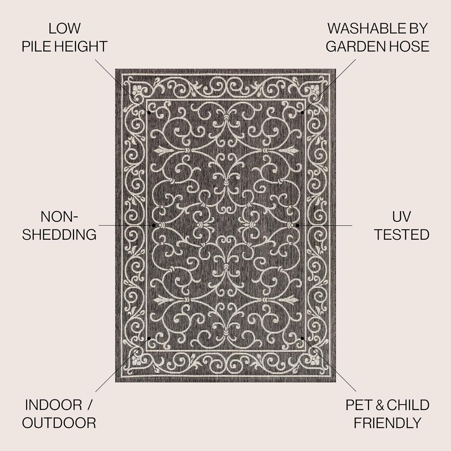 JONATHAN Y Vintage Filigree Indoor Outdoor Square Area Rug 3X3 Black/Gray, Charleston Textured Weave for Backyard, Patio, Porch, Easy-Cleaning, High Traffic, Pet-Friendly, Non-Shedding (SMB106G-3SQ)