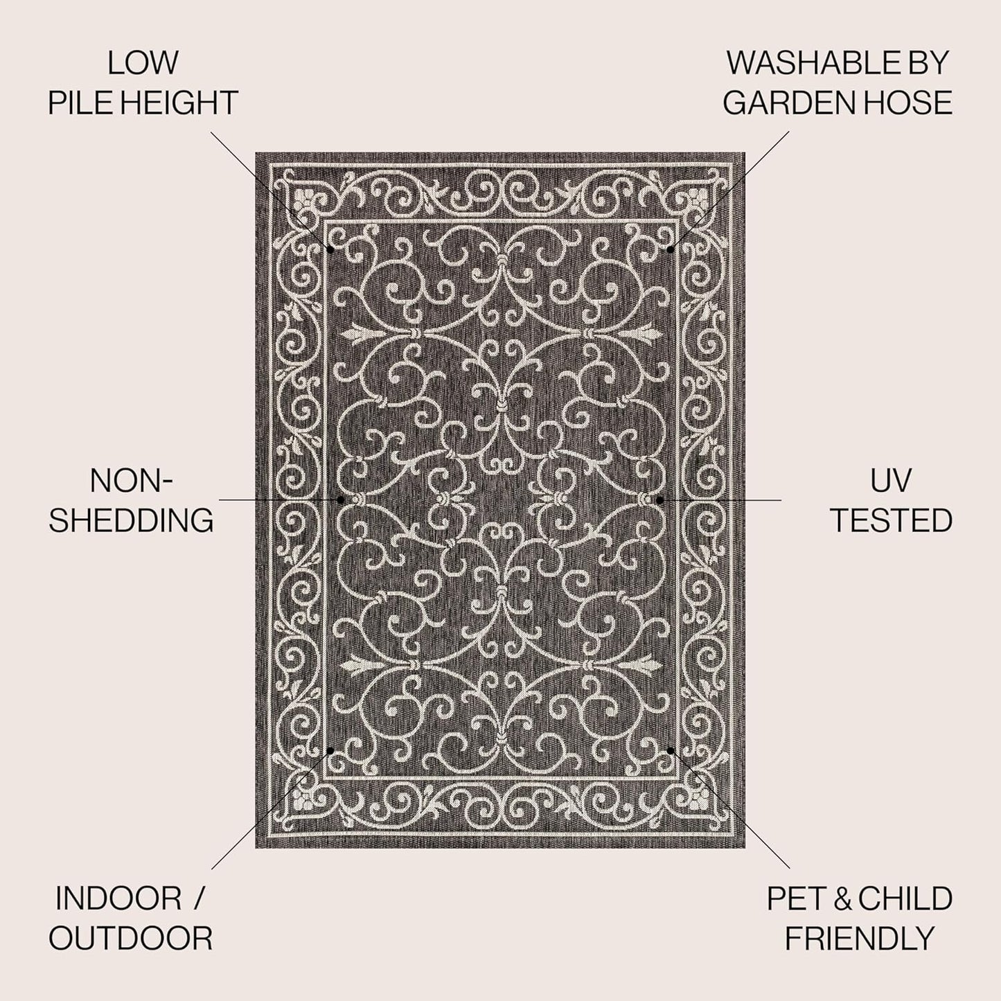 JONATHAN Y Vintage Filigree Indoor Outdoor Round Area Rug 8 Ft Black/Gray, Charleston Textured Weave for Backyard, Patio, Porch, Easy-Cleaning, High Traffic, Pet-Friendly, Non-Shedding (SMB106G-8R)