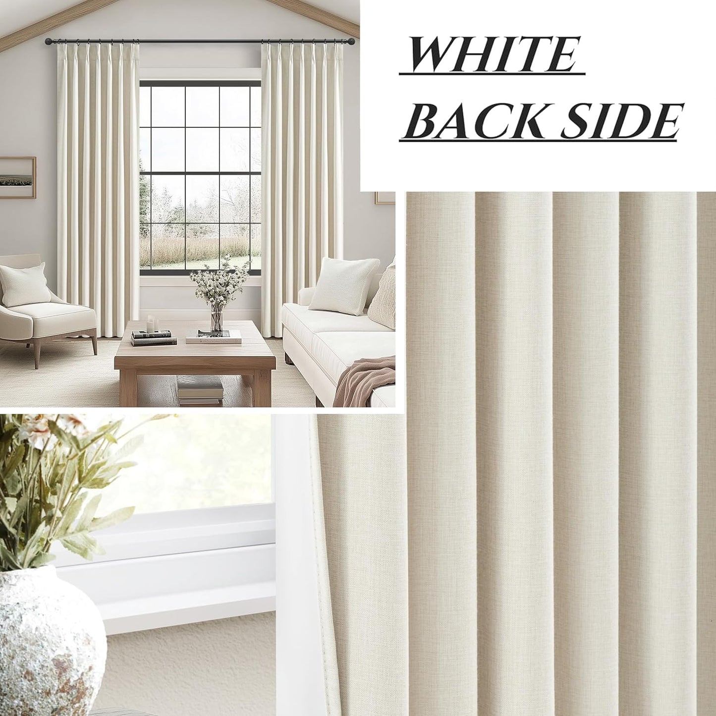 Warm Cream Insulated Thermal Textured Pinch Pleated Cafe Short Curtains 45 Inch Length,Blackout Drapes Flax Linen 2 Panels Set Bathroom/Basement/Kitchen Curtain for Small Half Window Light Beige
