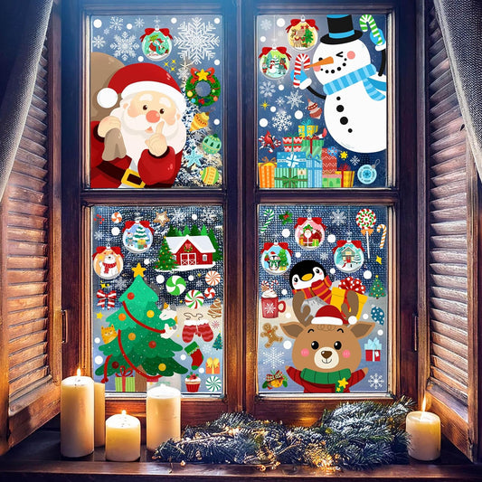 Christmas Window Clings - Christmas Large Window Stickers for Glass Window, Reusable Static Vinyl Double-Sided Winter Decals, Cute Snowflake Snowman Holiday Xmas Decorations, 197 PCS/9 Sheet