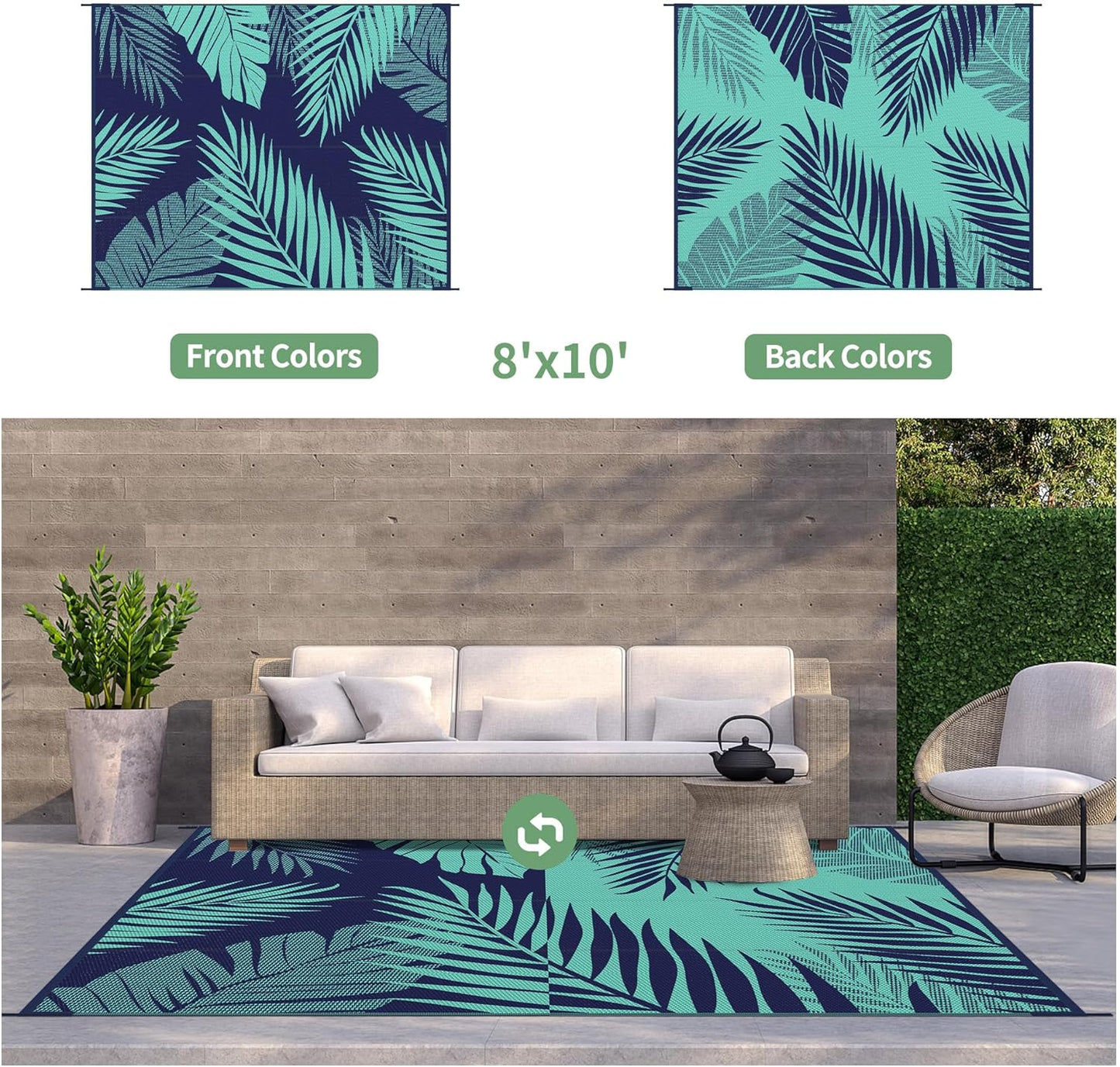 GENIMO Outdoor Rug 8' x 10' Waterproof for Patios Clearance, Reversible Outdoor Plastic Straw Camping Rug Carpet, Large Area Rugs Mats for RV, Camper, Deck, Balcony, Porch, Beach, Navy Blue&Jade Green