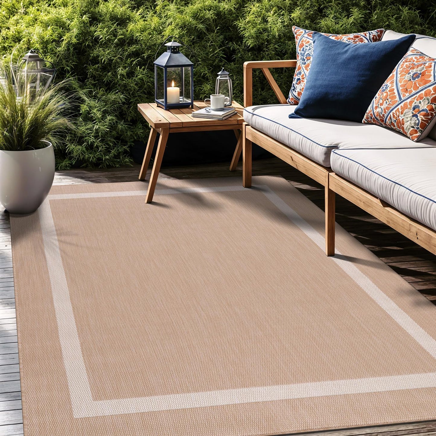 Bordered Outdoor Rug 6x9 Washable Outside Carpet for Indoor Patio Porch Waterproof Easy Cleaning Non Shedding Area Rugs Beige 6 x 9