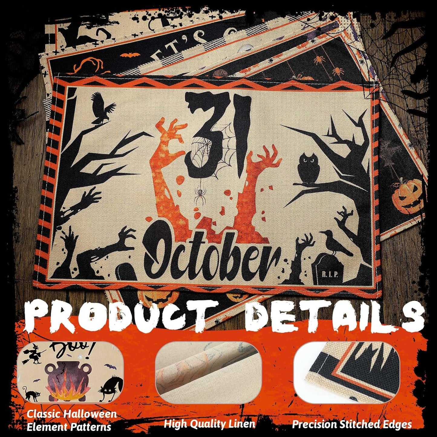 Umigy 6 Pcs Halloween Placemats 12"x18" Gothic Bat Placemats Kitchen Decoration Washable Witch Place Mats Rectangle Skull Table Mats for Halloween Dining Table Accessories(Classic)