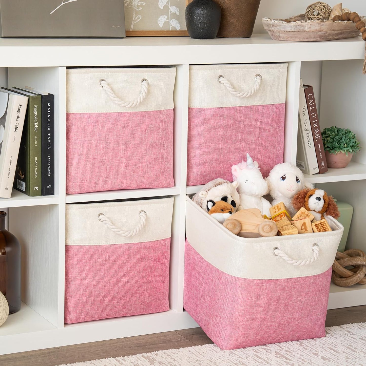 OrganiHaus 13x13 Cube Storage Bins 4 Pack, Foldable Cube Storage Organizer w/ Rope Handles, Collapsible Fabric Bins for Toys, Clothes & Closet Organization, Fabric Square Baskets - Pink/White