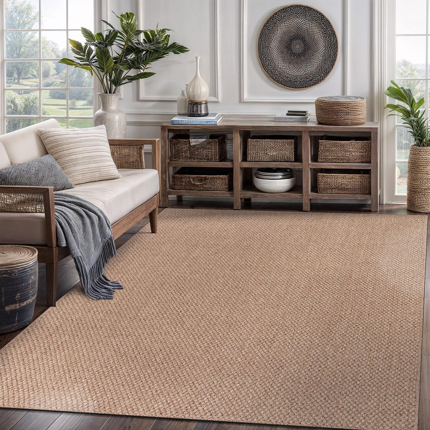 CAMILSON Easy Jute Rug 6x9, Indoor Outdoor Natural Color Farmhouse Area Rugs for Living Room Patio and Kitchen Rug, Solid Boho Woven Design, Easy-Cleaning, Washable Outside Carpet Alfombras (6 x 9)