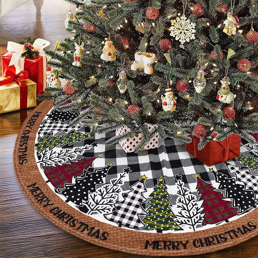 Christmas Tree Skirt 48 Inch, Black and White Buffalo Plaid Xmas Tree Skirts, Winter Christmas Trees Mat for Home Party Holiday Indoor Outdoor Decorations