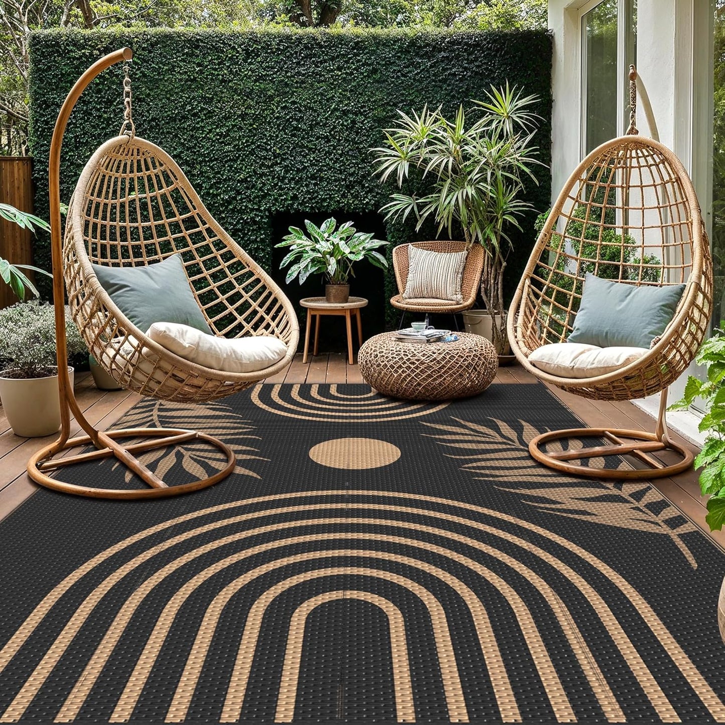 GENIMO Outdoor Rug 9' x 12' Waterproof for Patio Clearance, Reversible Lightweight Plastic Straw Camping Carpet, Large Area Rugs Mats for Rv, Backyard, Deck, Porch, Picnic, Balcony, Mix-Black & Brown