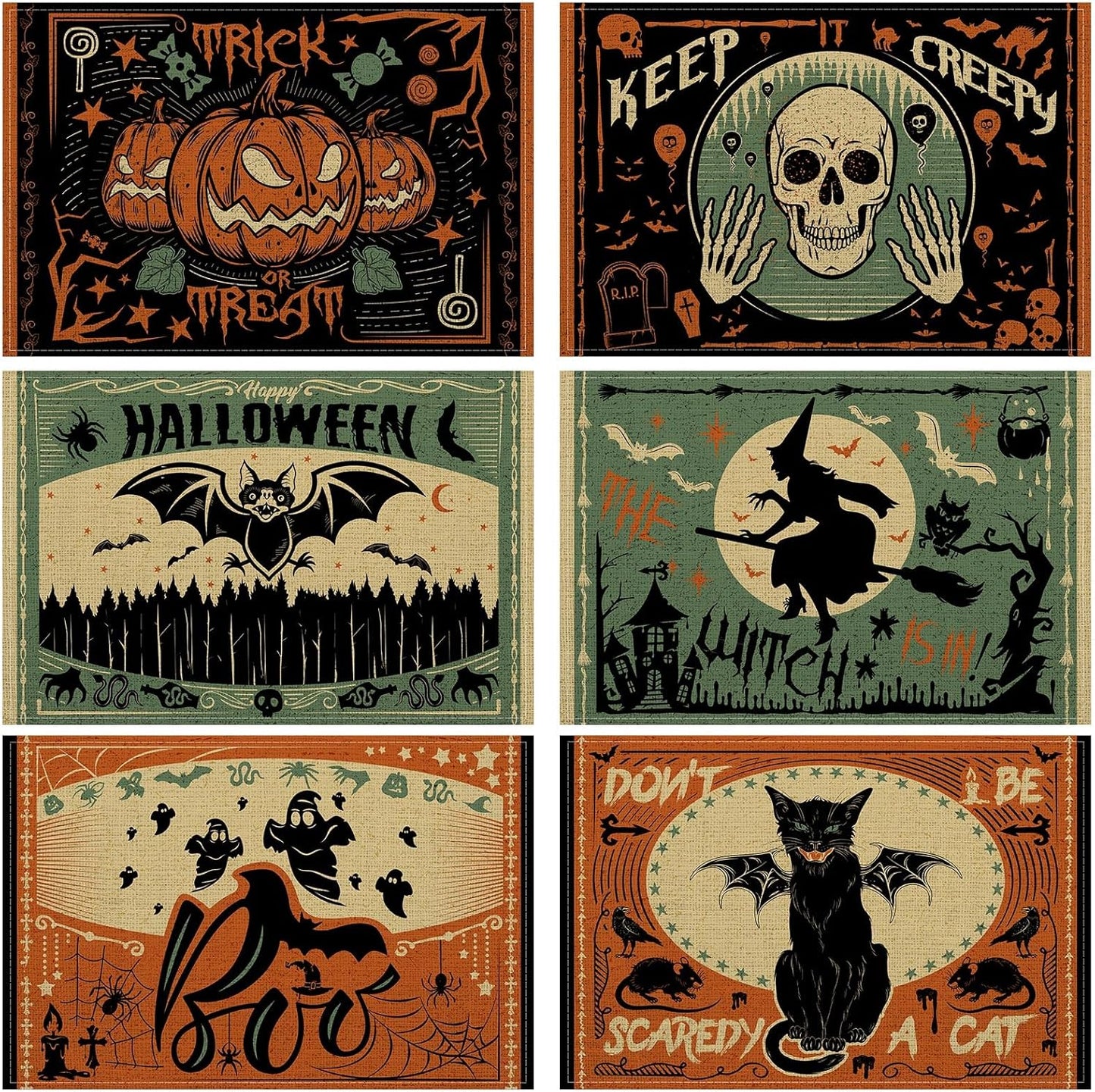 Umigy 6 Pcs Halloween Placemats 12"x18" Gothic Bat Placemats Kitchen Decoration Washable Witch Place Mats Rectangle Skull Table Mats for Halloween Dining Table Accessories(Scary)