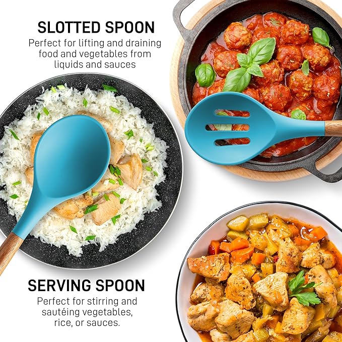 Zulay Kitchen Non-Stick Cooking Utensils Set with Authentic Acacia Wood Handles – 5-Piece Durable & Stylish Silicone Kitchen Utensils Set – Heat Resistant to 464°F – Blue