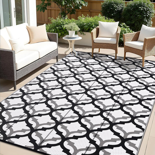 OLANLY Reversible Outdoor Rug 9x12 ft Clearance, Waterproof Outdoor Plastic Straw Rug with Interlacing Pattern, RV Mat for Patio, Camping, Balcony, Deck, Backyard, Black & White