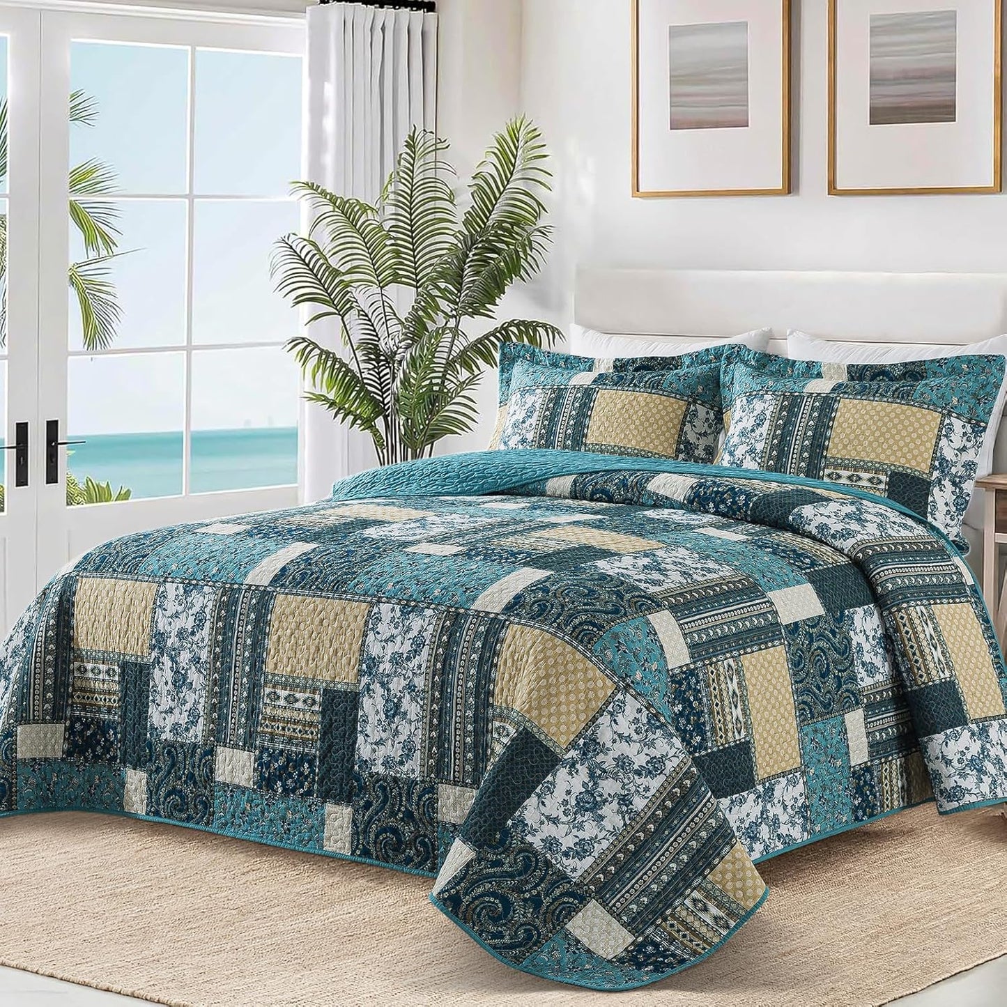 VAPUTAR Quilts Queen Size - 3 Piece Cotton Quilted Bedspread Coverlet, Soft Lightweight Quilted Bedding Set, Patchwork Boho Quilt with Pillowcovers Suitable for All Season and Room Decor (Dream Blue)