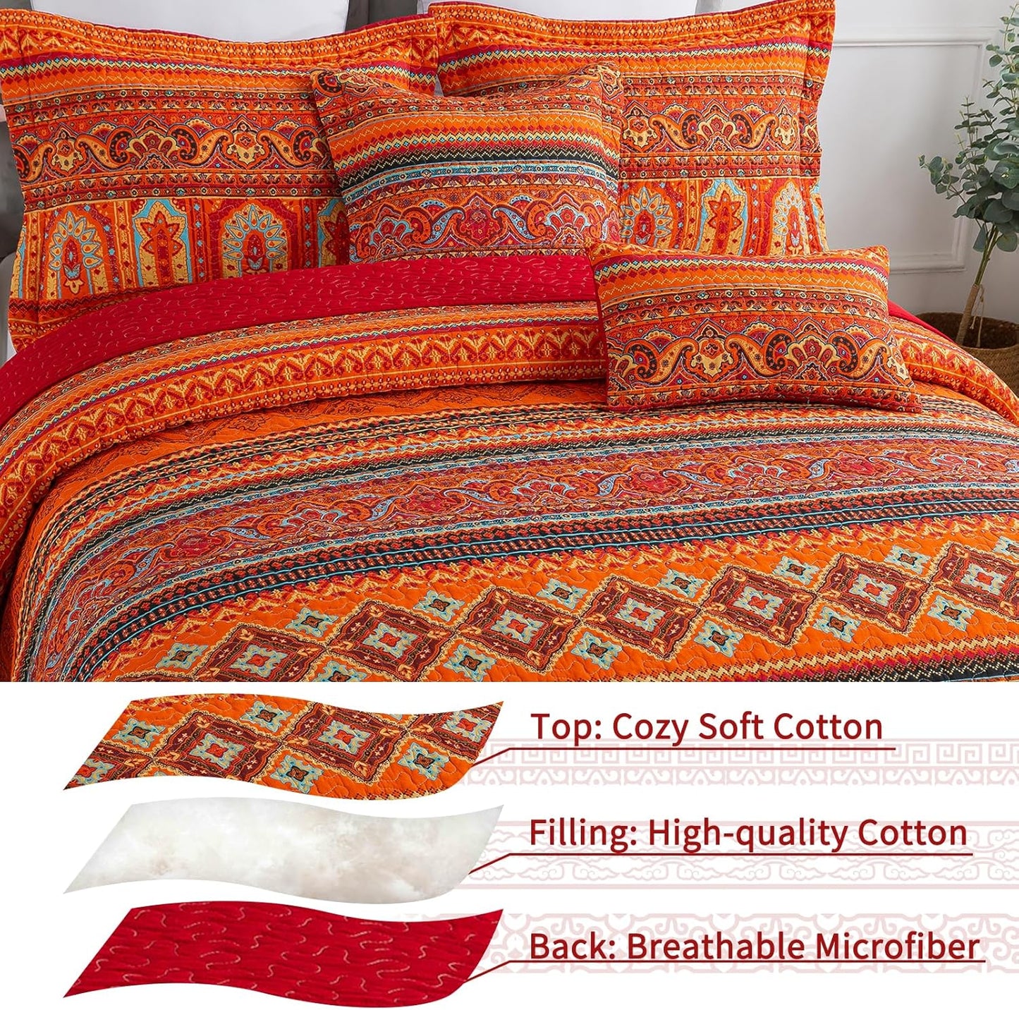 VAPUTAR Quilt California King Size Bedding Set - Cotton California King Quilt (108 * 118 Inch) - Boho Lightweight Reversible Oversized Bedspread for Farmhouse Bedroom (Red/Orange), 3 Pieces