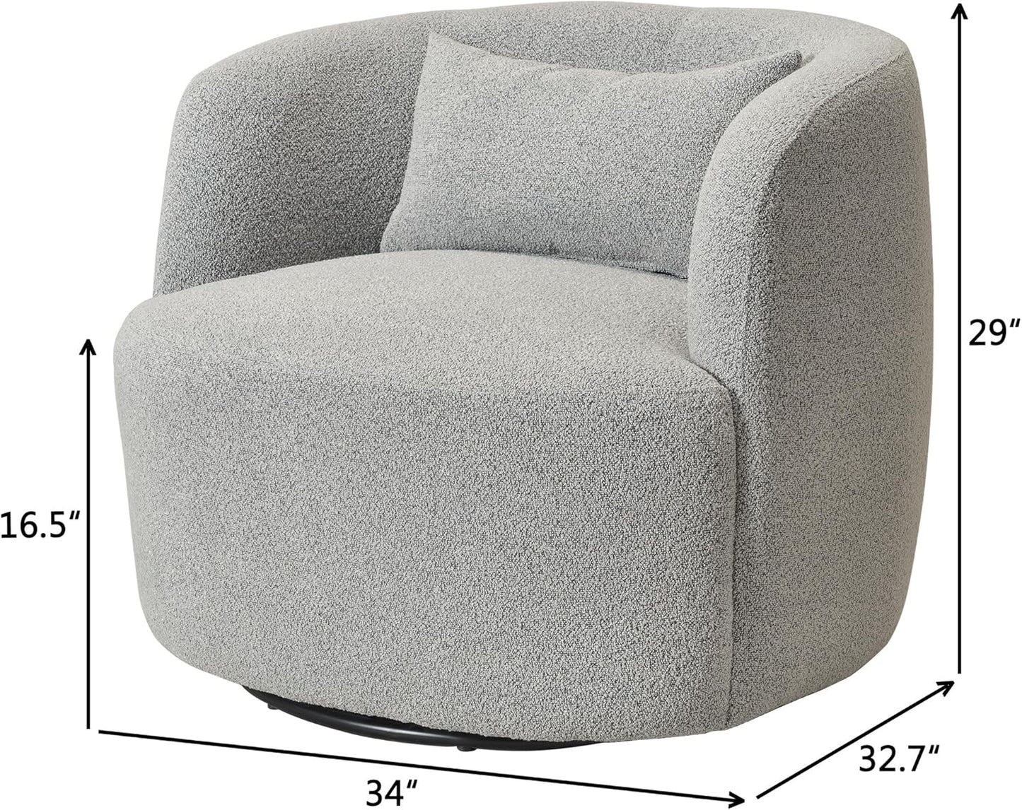 KINWELL 34" Wide Sherpa Swivel Barrel Chair, No Assembly Round Boucle Upholstered Accent Chair Armchair Single Sofa Chair with Toss Pillow for Living Room and Bedroom, Gray