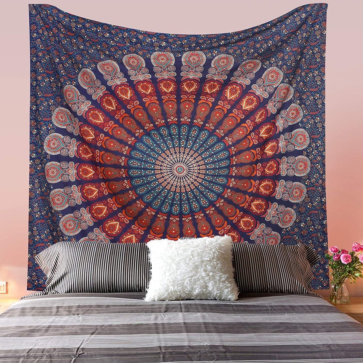 Bless International Handmade Indian hippie Bohemian Psychedelic Peacock Mandala Wall hanging College Dorm Beach Throws Table Cloth Bedding Tapestry (Golden Blue White, Poster(30x40Inches)(76x101cms))