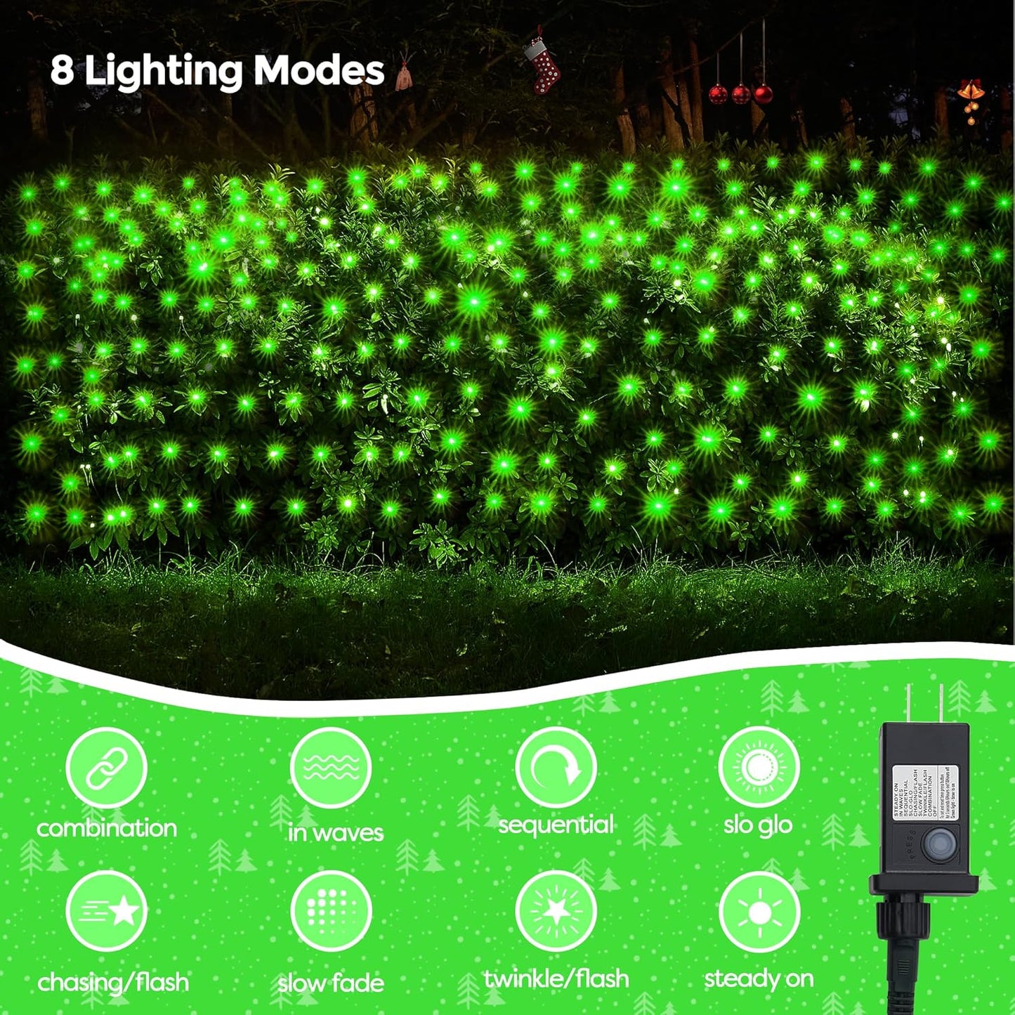 WBao Christmas Lights, 200LED 8.4ft x 5.2ft Net Lights Outdoor Mesh Light with 8 Modes, Timer, UL Certified, End to End Connectable, Waterproof for Lawn, Bushes Outdoor Christmas Decorations, Green