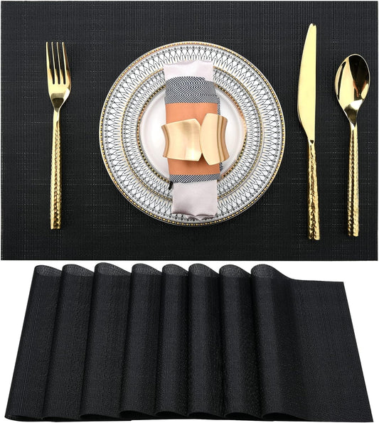 Black Placemats Set of 8 - Easy Clean Washable Vinyl Placemats - Heat Resistant Placemats for Kitchen Table - PVC Table Mats for Dining Table (Pure Black, 8)