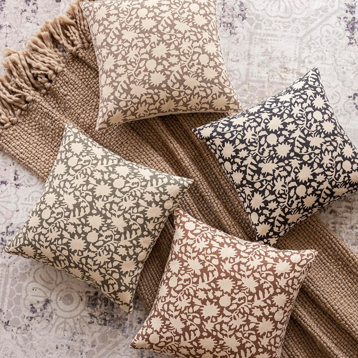 Foindtower Set of 2 Decorative Neutral Floral Throw Pillow Covers Accent Farmhouse Cushion Covers Boho Vintage Pillowcase for Couch Sofa Bedroom Living Room Home Decor Outdoor,18×18 Inch,Tan