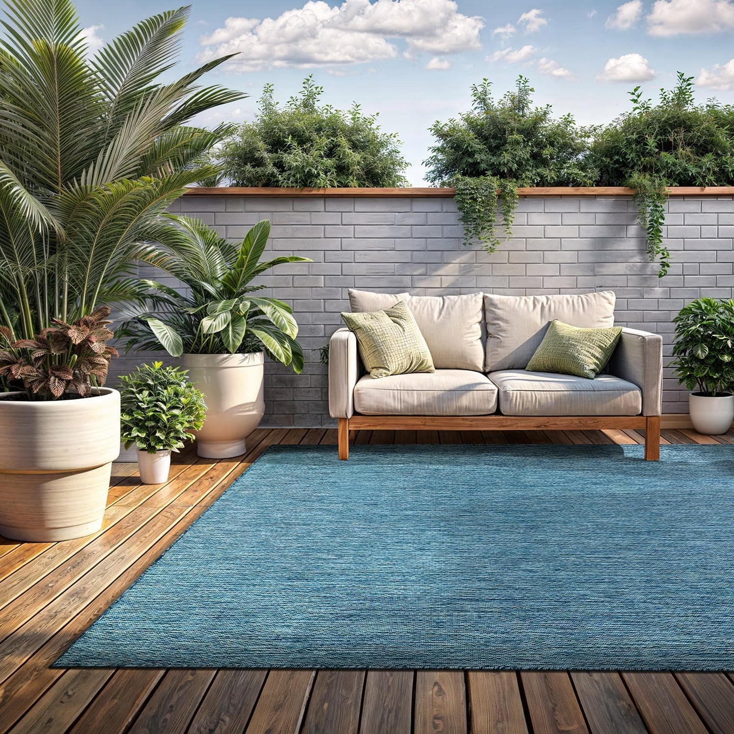 Washable Indoor Outdoor Rug 9x12 Weather Resistant Area Rugs Modern Solid for Porch Deck Balcony Backyard Patio Outside Carpet (9 X 12 Aqua Blue)