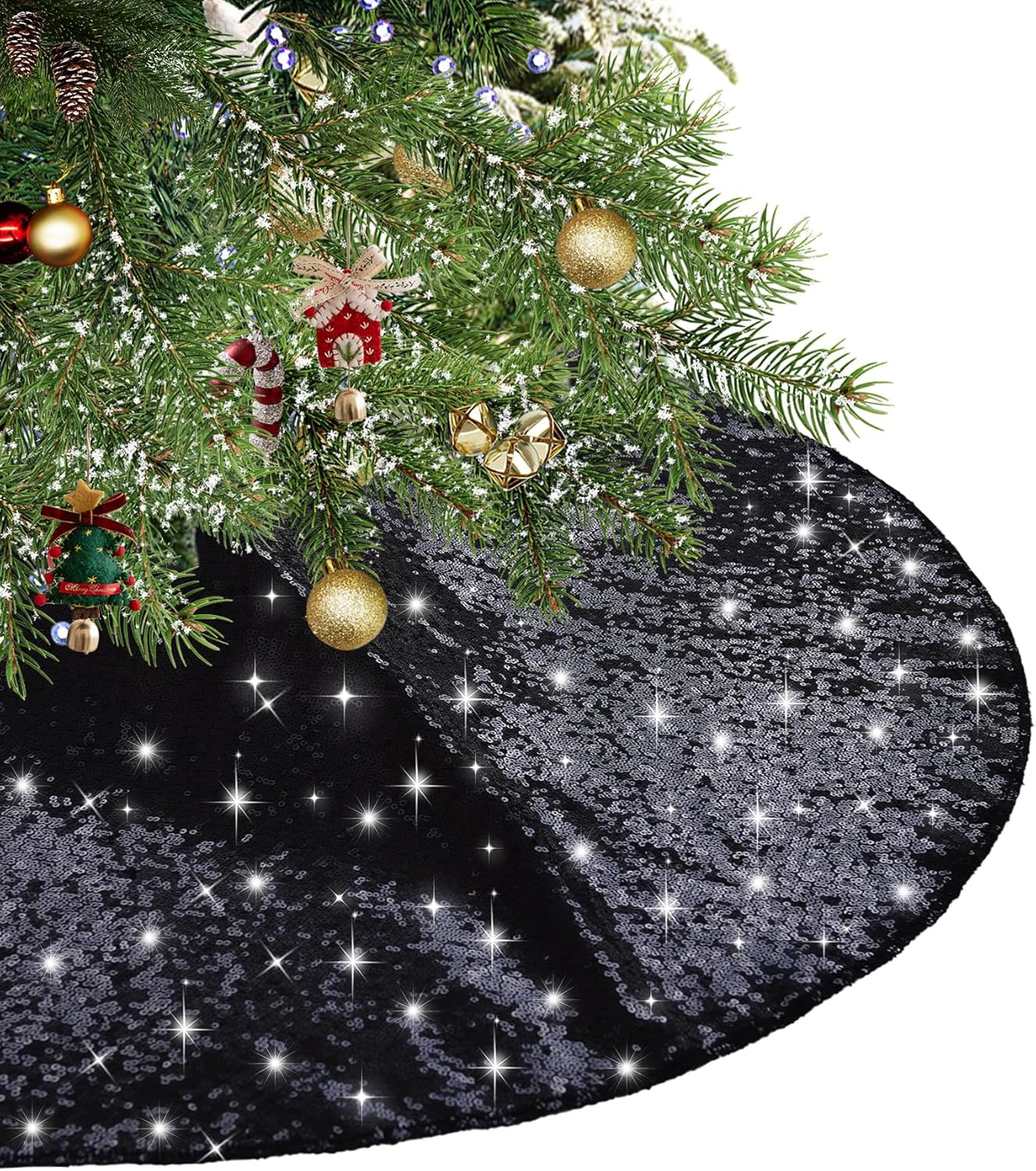 Eternal Beauty Christmas Tree Skirt, 24 Inch Black Halloween Sequin Tree Skirt Small Xmas Tree Skirt for Christmas Tree Decorations