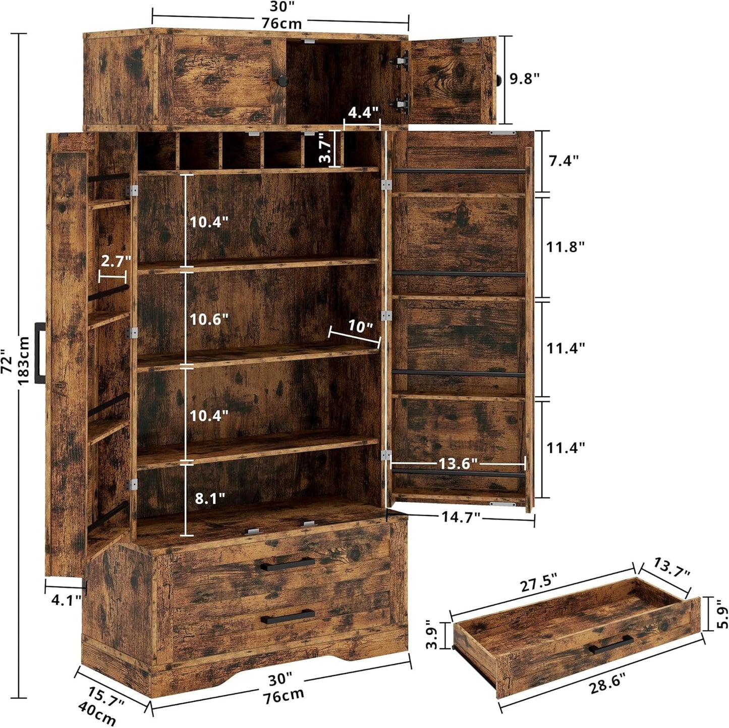 IRONCK Kitchen Pantry 72" Height, with 8 Hanging Shelves, 2 Drawers and Open Storage Cabinet, Freestanding Cupboard for Dining Room Living Room,Vintage Brown