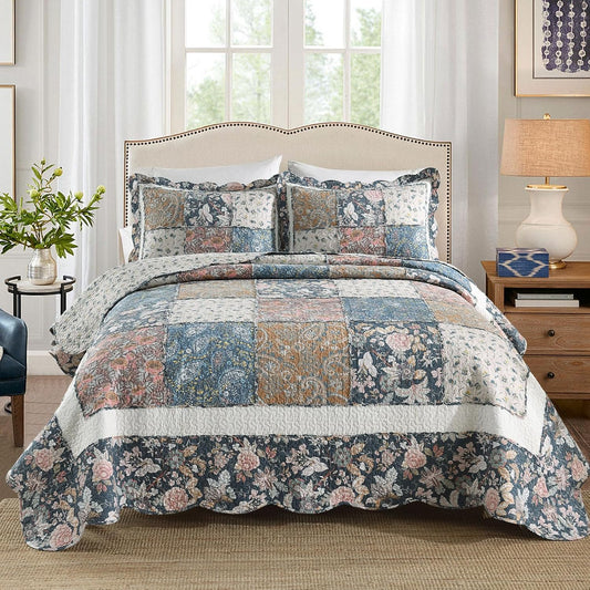 Yvooxny 3-Piece Quilt Set Queen Size Quilted Bedspread Reversible Country Style Blue Floral Paisley Real Patchwork Bedding Quilt Set with Ruffles with Pillowcases for All Seasons, 98 * 90 Inches
