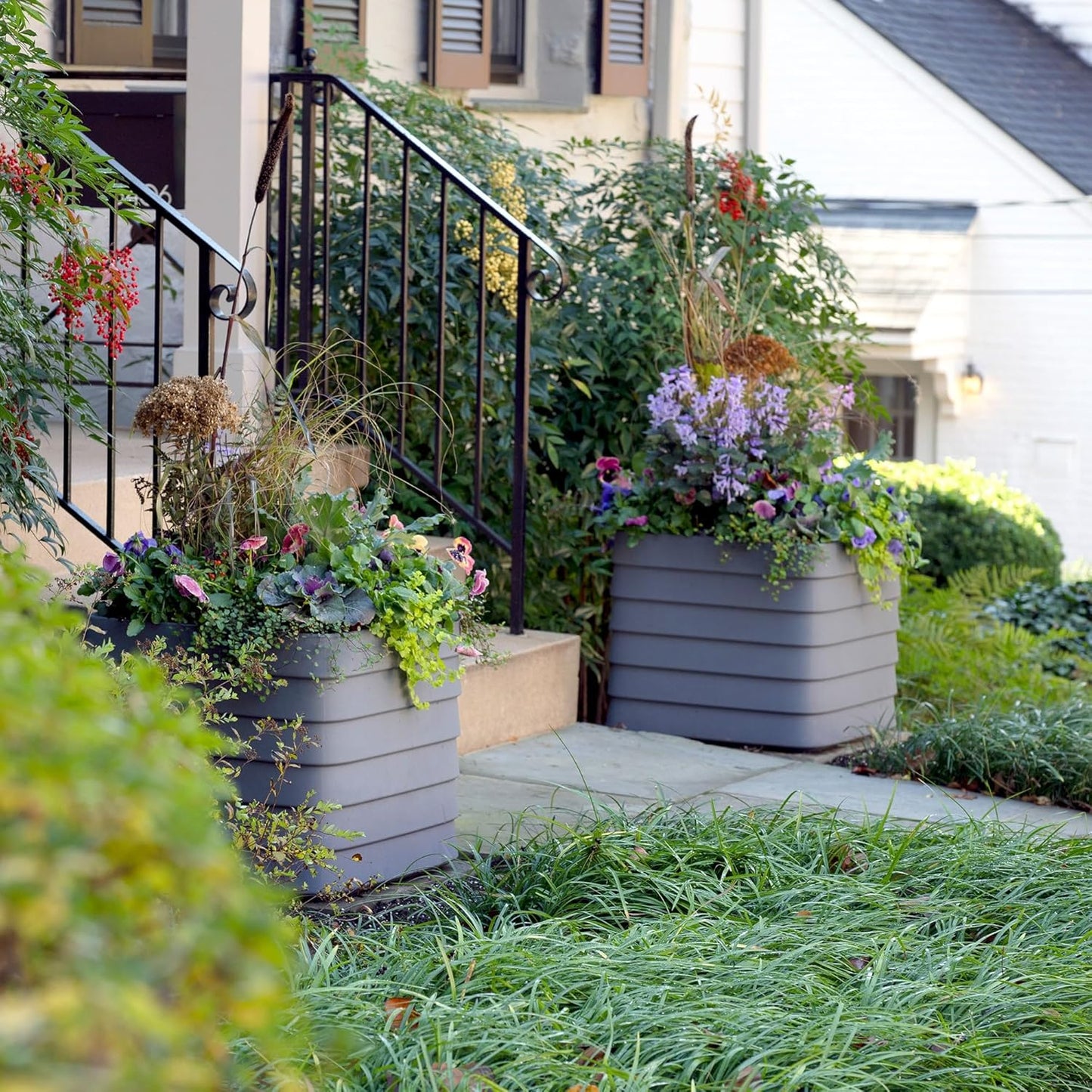 Crescent Garden TruDrop Self Watering Slat Square Box Planter - Indoor Outdoor Planter Box with Built-in Reservoir & Water Level Indicator, All Weather Flower Pot, 22''(Shadow)