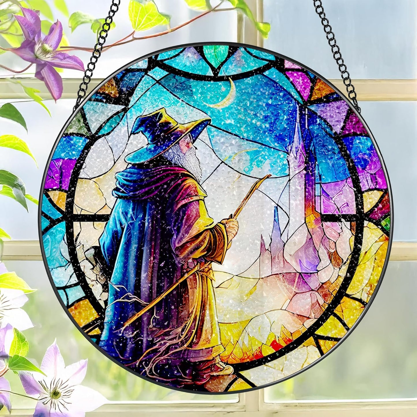 Stained Glass Window Hanging, LAOWEIKI 8'' Witch Suncatcher, Stained Glass Ornament, Suncatchers for Windows Hanging, Window Decor, Outdoor or Indoor, Gifts for Friends