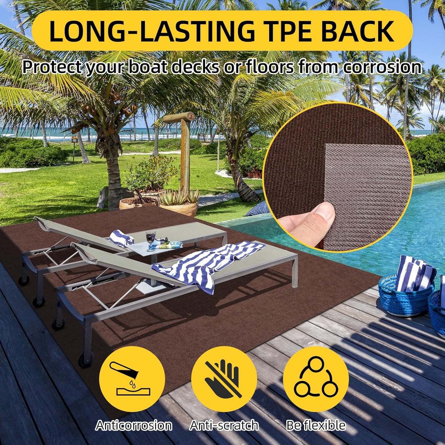 Marine Carpet,5 FT x 15 FT Brown Indoor Outdoor Carpet 0.2" Thick Boat Carpet with Water-Proof TPE Backing, Non-Slide Outdoor Marine Carpet Roll for Home, Patio, Porch, Deck
