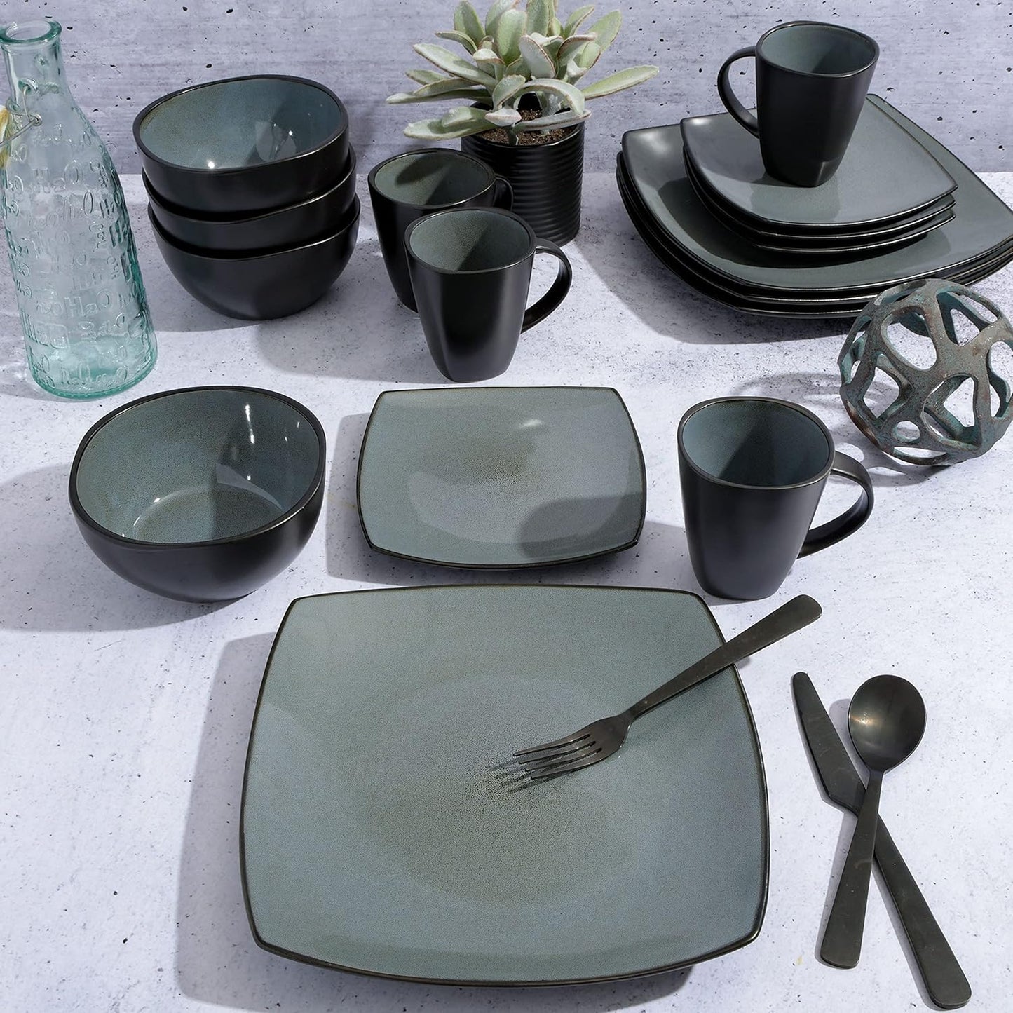 Gibson Elite Soho Lounge Square Reactive Glaze Stoneware Dinnerware Set, Service for 4 (16pc), Eclipse