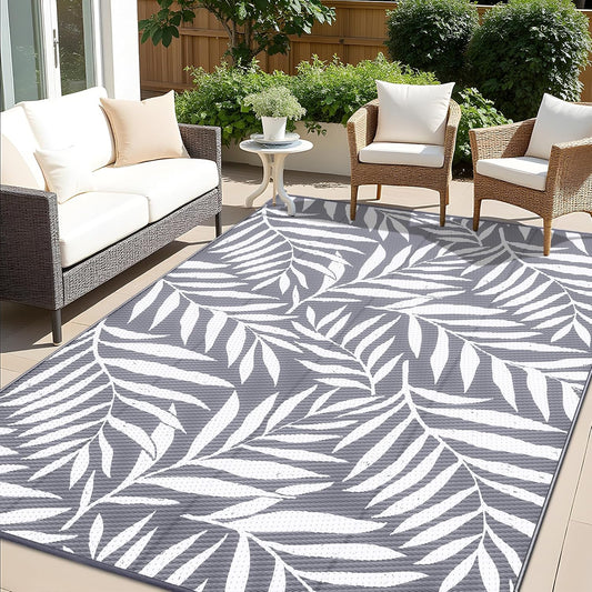 OLANLY Waterproof Outdoor Rug 8x10 ft, Reversible Outdoor Plastic Straw Rug with Leaf Pattern, RV Mat, Indoor Outdoor Carpet for Patio, Camping, Balcony, Deck, Backyard, Grey & White