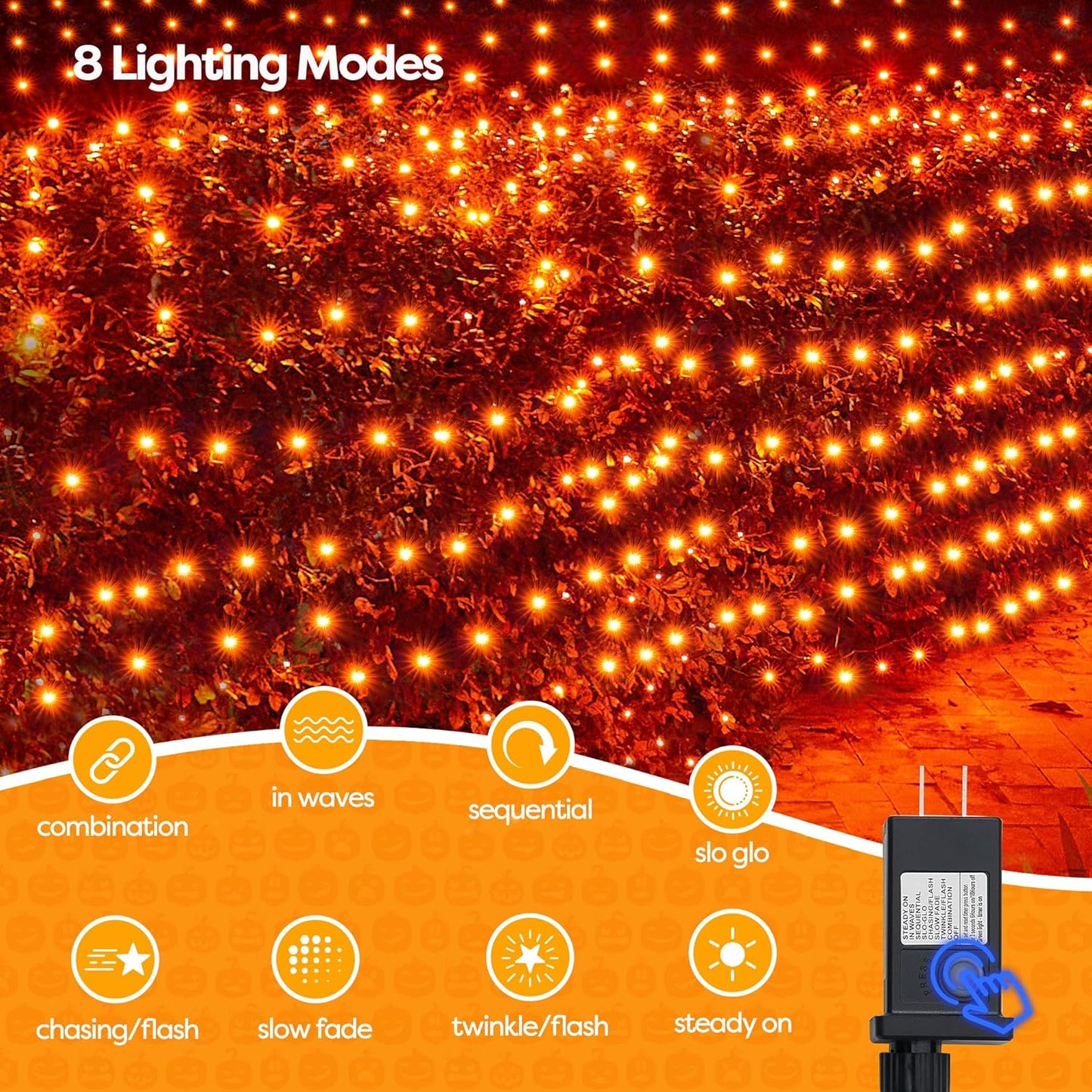 WBao Halloween Lights Outdoor 200LED 8.4ft x 5.2ft Orange Net Lights with 8 Modes, Timer, UL Certified, Connectable, Waterproof & Dark Green Wire for Lawn, Bushes, Trees, Outdoor Halloween Decorations