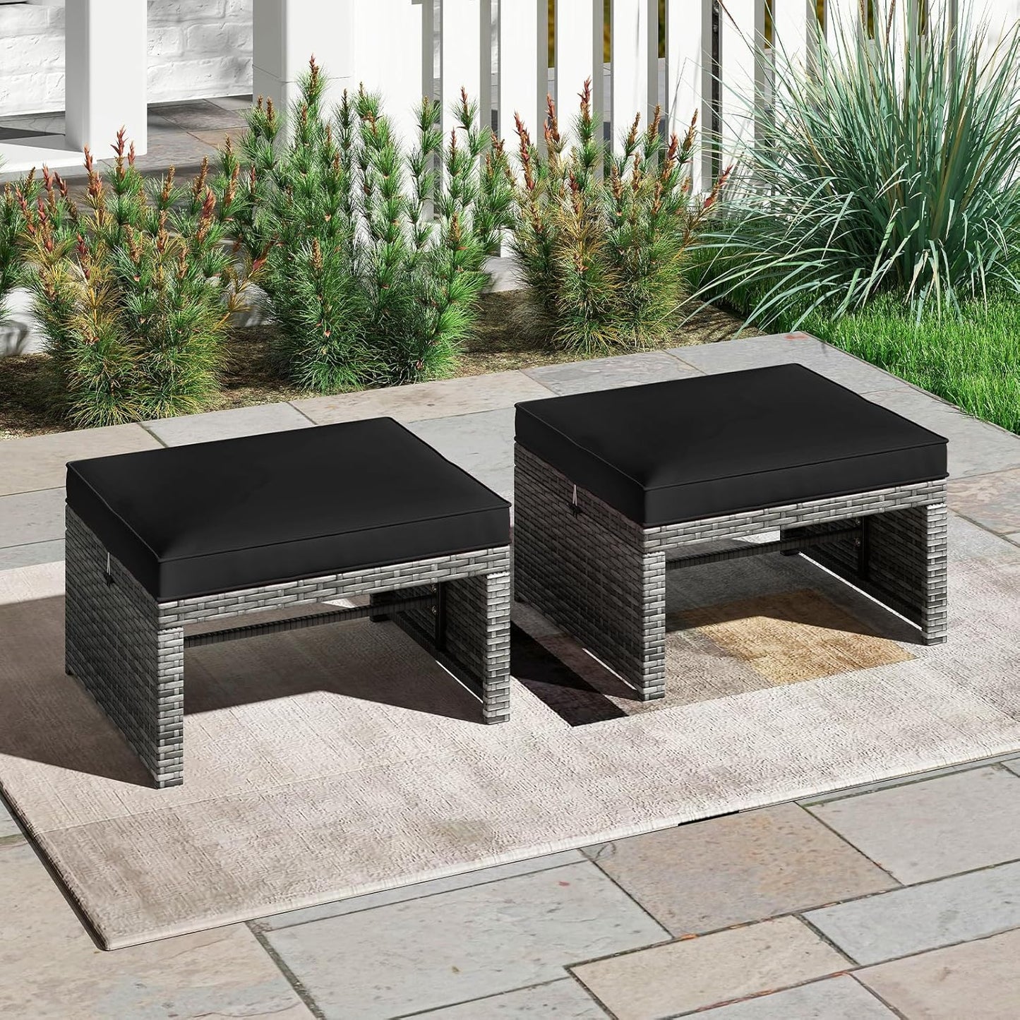 Tangkula 2 Pieces Patio PE Rattan Ottomans, Multipurpose Outdoor Footstool Footrest Additional Seating Side Table with Soft Zippered Cushions for Deck, Garden, and Yard (Black)
