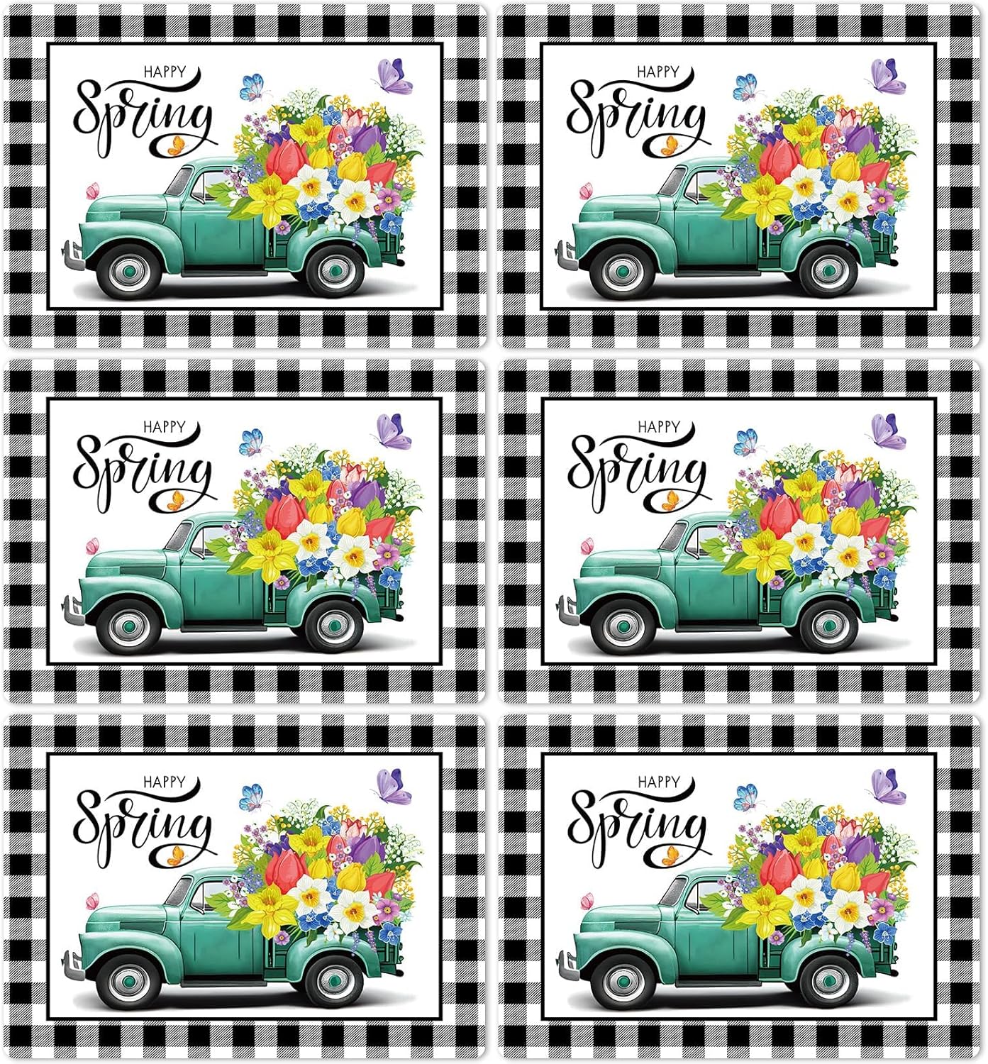 Happy Spring Placemats Set of 6 Easter Plastic Table Mats Spring Placemats Seasonal Place Mats Rustic Vintage Flowers Table Decoration for Indoor Outdoor Party Kitchen Dining