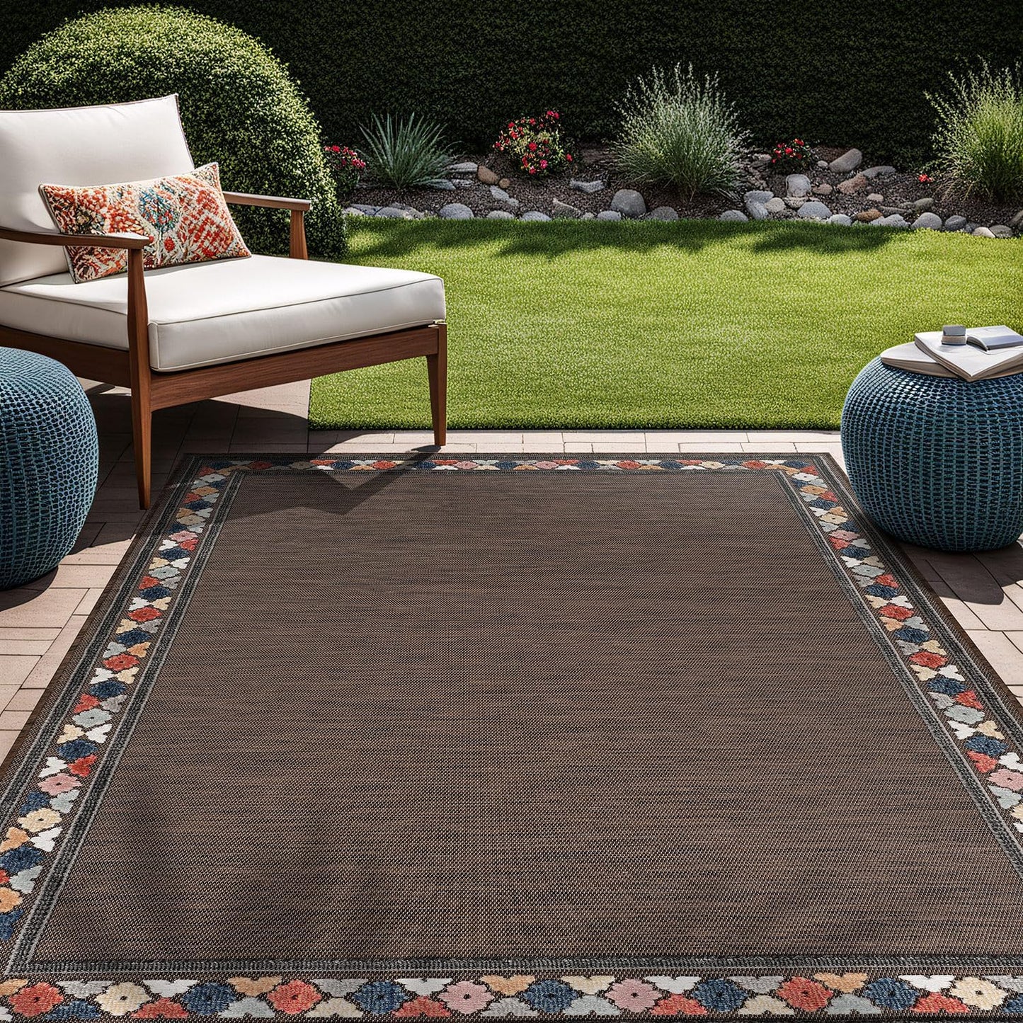 Beverly Rug Outdoor Rug 8x10 Modern Bordered Area Rugs for Indoor and Outdoor Patio Easy to Clean Non Shedding Living Room Porch Garden Washable Outside Carpet (8 x 10 Brown)