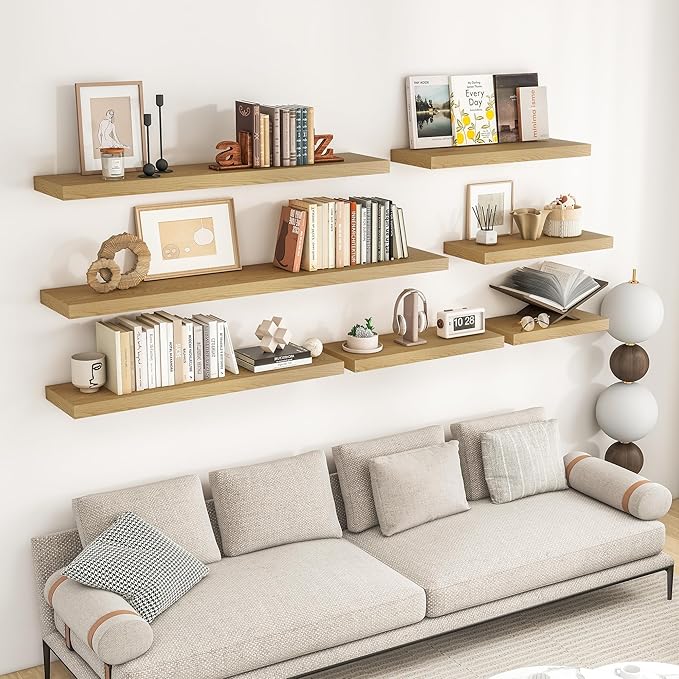 RICHFOCUS 72Inch Floating Shelves for Wall 1 Pack Shelves for Bedroom|Kitchen|Bathroom Wall Mounted Rustic Wood Floating Shelf with Invisible Brackets for Books|Storage|Decor, Oak