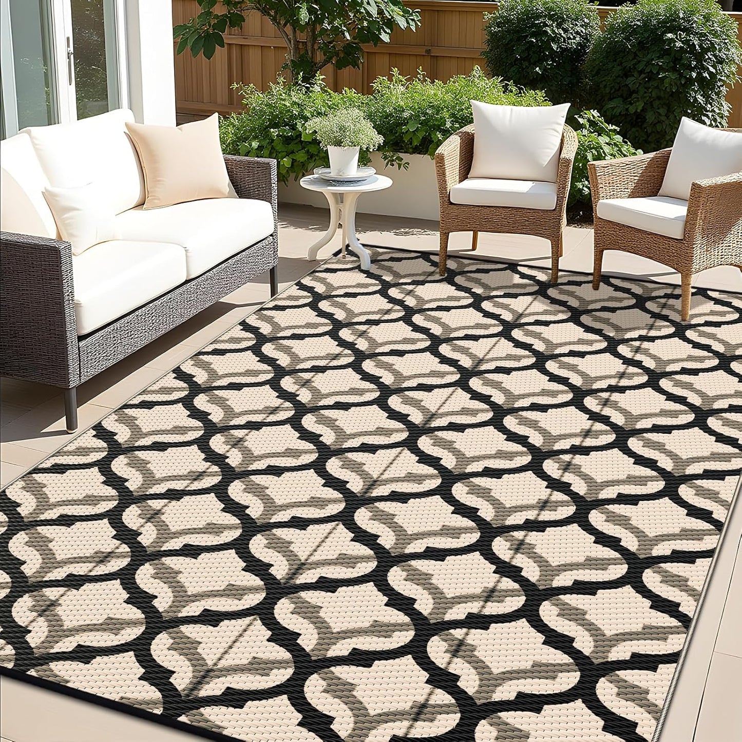 OLANLY Reversible Outdoor Rug 8x10 ft Clearance, Waterproof Outdoor Plastic Straw Rug with Interlacing Pattern, RV Mat for Patio, Camping, Balcony, Deck, Backyard, Black & Beige