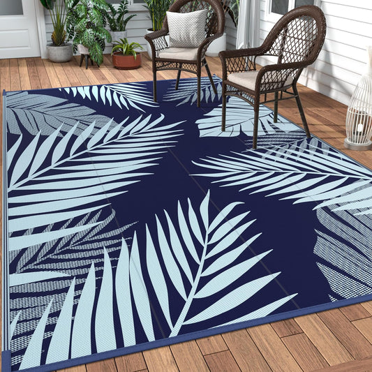 GENIMO Outdoor Rug 6' x 9' Waterproof for Patios Clearance, Reversible Outdoor Plastic Straw Camping Rug Carpet, Large Area Rugs Mats for RV, Camper, Deck, Balcony, Porch, Beach, Navy Blue&Baby Blue