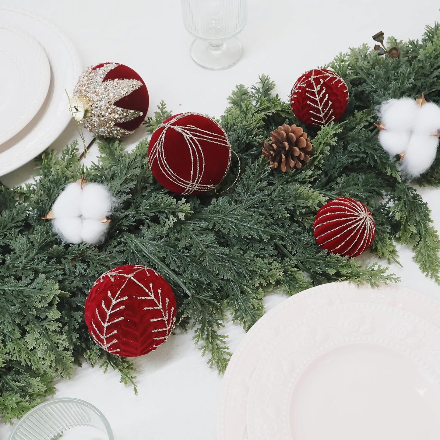 4inch Velvet Ornaments for Christmas Tree, 9PCS Glitter Flocked Christmas Ornaments Decorations Balls Set Decor Red