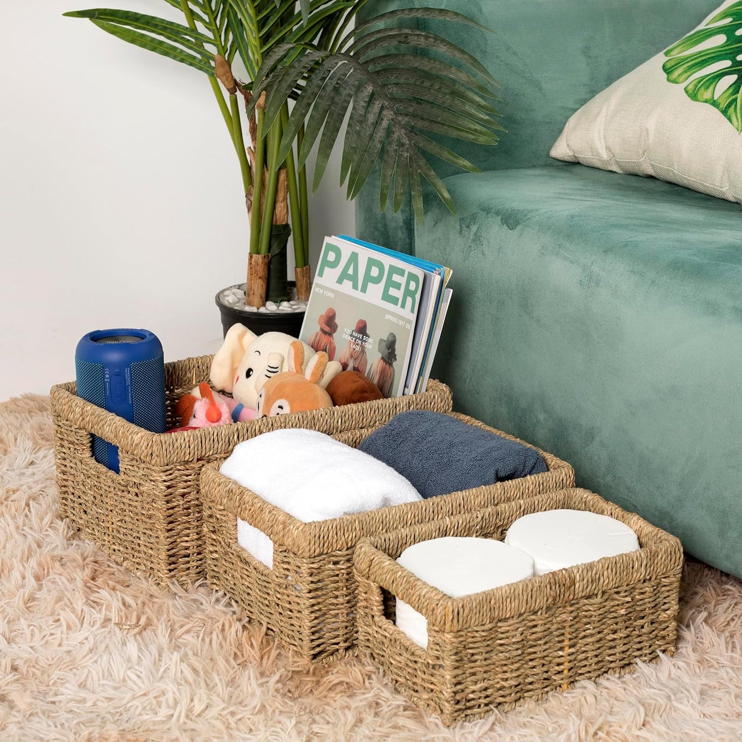 CENBOSS Wicker Baskets (Medium, Seagrass, 1PC) Rattan Storage Baskets for Shelves, Woven Seagrass Holder