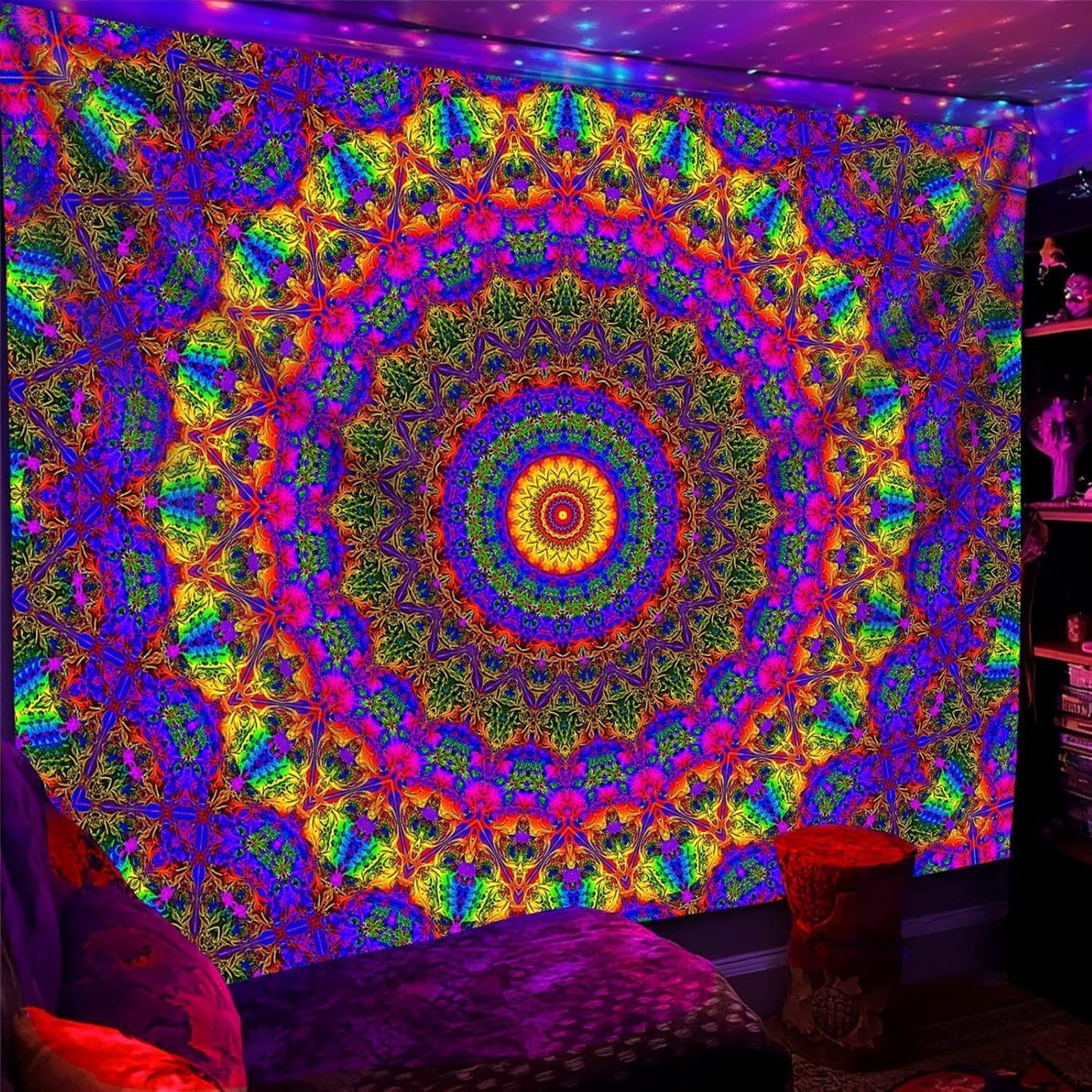 PSYHILAR Blacklight Mandala Boho Tapestry, Black Light Bohemian Hippie Poster for Adults and Teens, Aesthetic Colorful UV Reactive Wall Art Decor for Bedroom (40 x 30 Inches)
