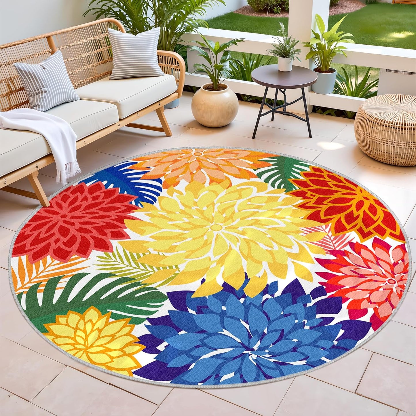 Indoor Outdoor 6FT Round Area Rug Washable Rugs Multicolored Patio Rug Tropical Botanical Modern Floral Indoor Outdoor Round Carpet Non Slip for RV, Pool Deck, Backyard, Porch