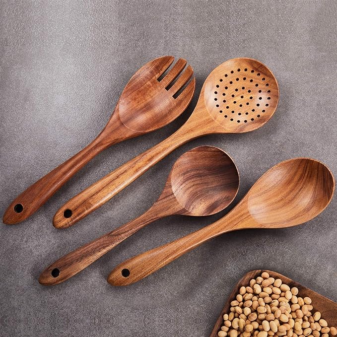 Wooden Kitchen Utensils Set,GUDAMAYE 6 PCE Wooden Spoons for Cooking,Wooden Cooking Utensils,Natural Teak Wooden Spoons For Non-stick Pan