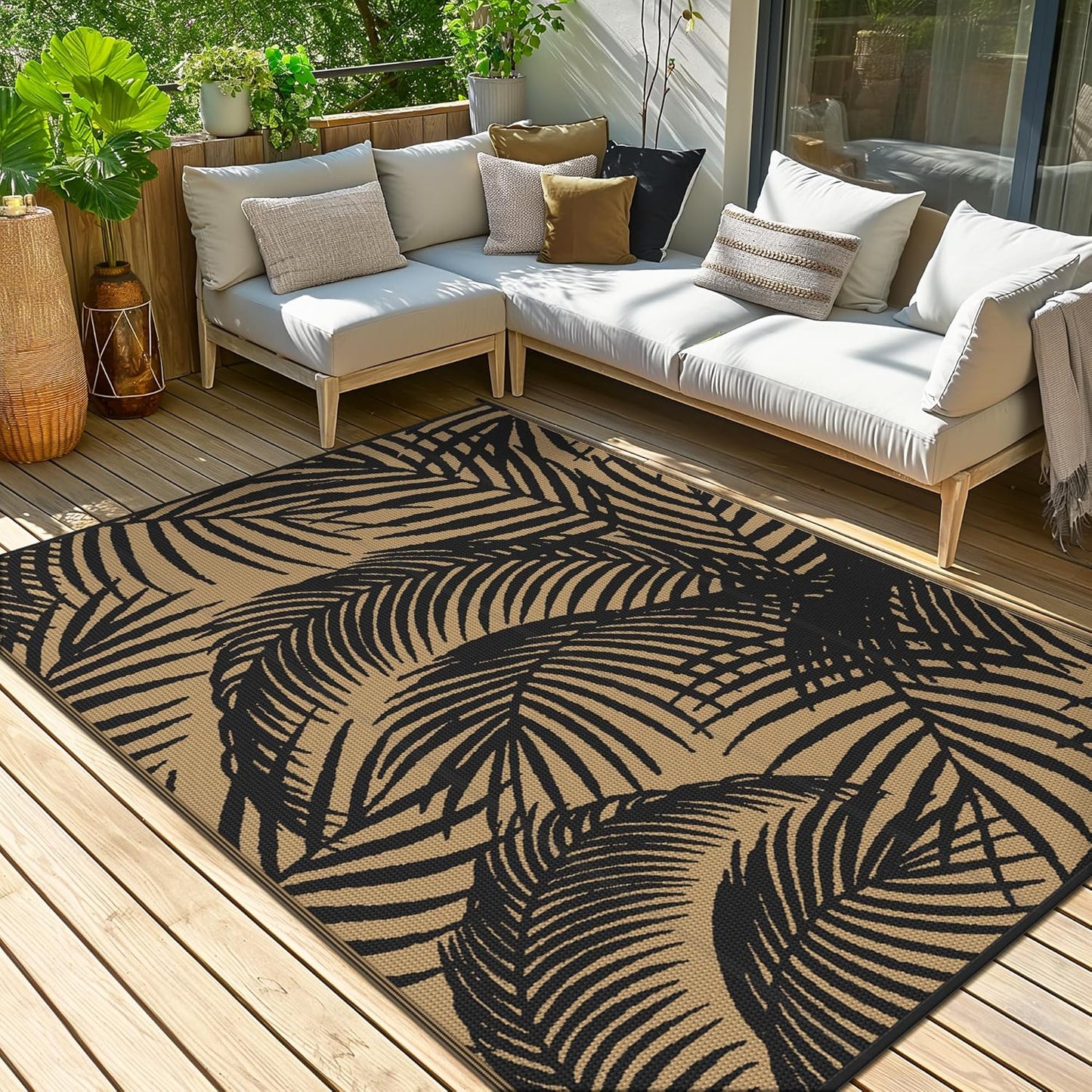 GENIMO Outdoor Rug 5' x 8' Waterproof for Patio Clearance, Reversible Plastic Straw Camping Carpet, Lightweight Mats for Rv, Backyard, Deck, Porch, Picnic, Beach, Balcony, Black & Brown