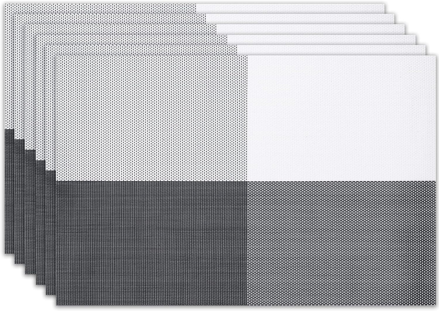 Placemats Set of 6 Washable Indoor/Outdoor Vinyl Place Mats for Dining Table Durable Non-Slip Heat Resistant PVC Weave Table Mats(Black White)
