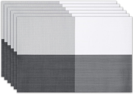 Placemats Set of 6 Washable Indoor/Outdoor Vinyl Place Mats for Dining Table Durable Non-Slip Heat Resistant PVC Weave Table Mats(Black White)