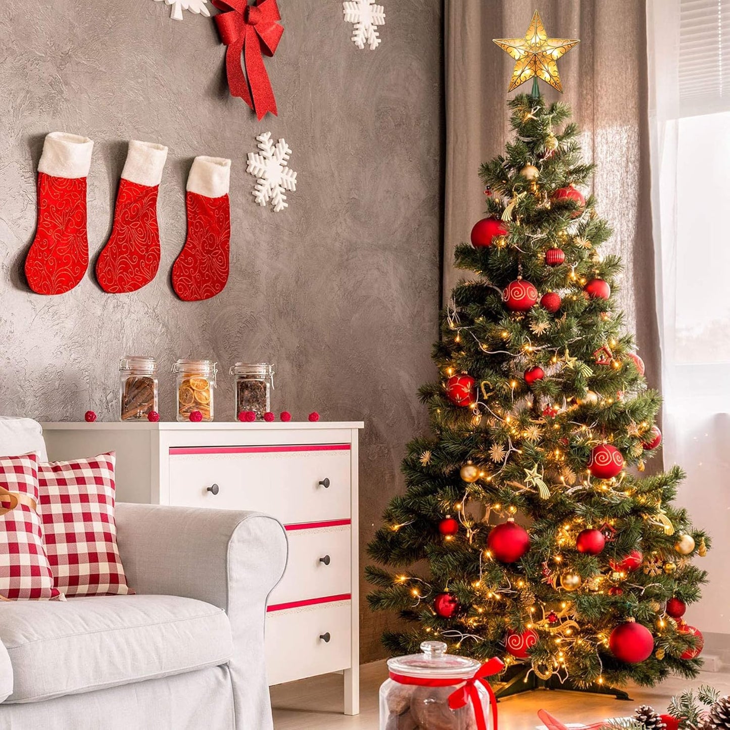 ODEETRONIC Christmas Star Tree Topper Lights, 9.5in UL Certified 3D Star Tree Topper, Double Sided Christmas Tree-top with 10 Count Incandescent Warm White Lights for Xmas Tree Home Decor, Gold