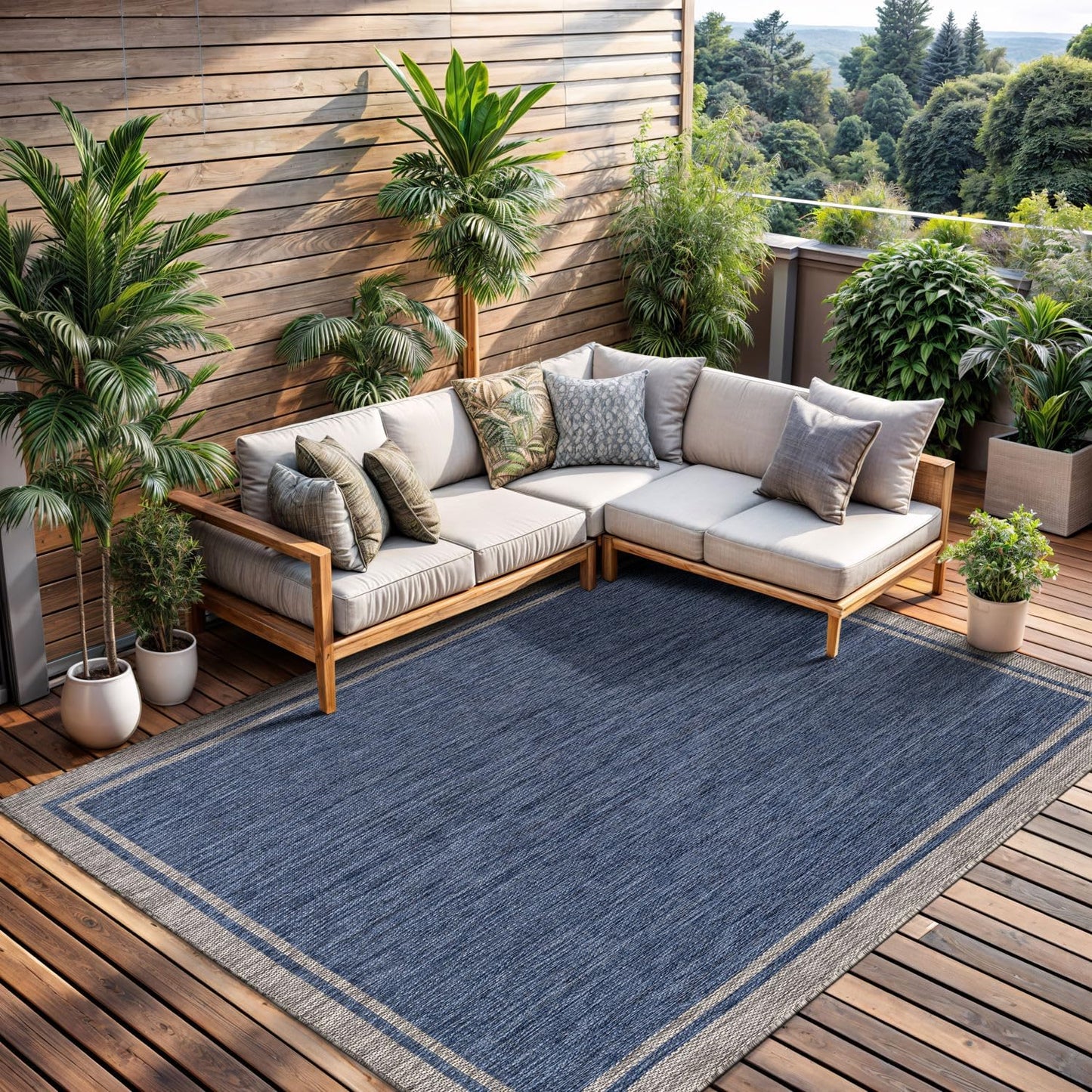 CAMILSON Indoor Outdoor Rug, 10x14 Bordered Navy Blue Gray Modern Large Area Rugs for Indoor and Outdoor Patios, Porches Waterproof Washable Porch Deck Outside Carpet (Bordered Navy, 10 x 14)