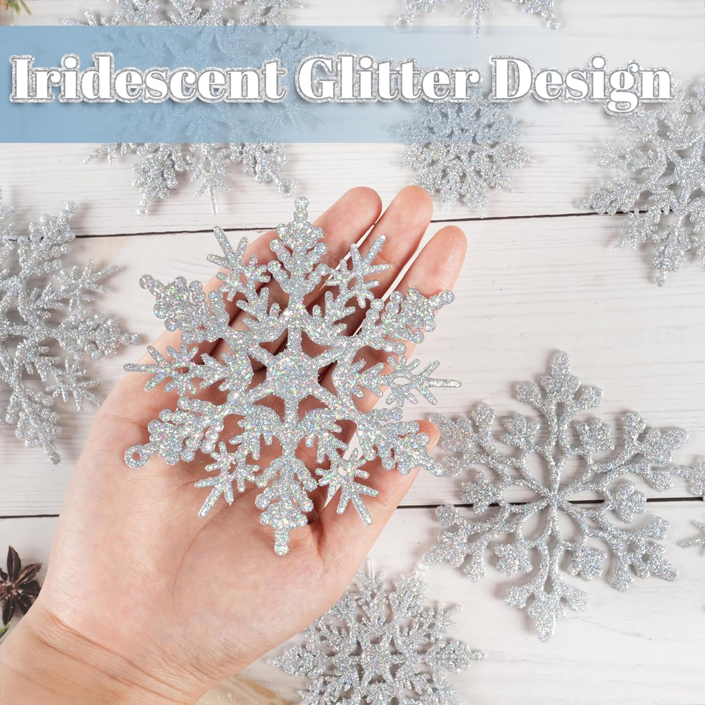 36pcs Iridescent Silver Christmas Snowflake Ornaments, Plastic Sparkling Glitter Hanging Snow Flakes for Christmas Tree Decorations Winter Wonderland Frozen Birthday Party Holiday Home Decor