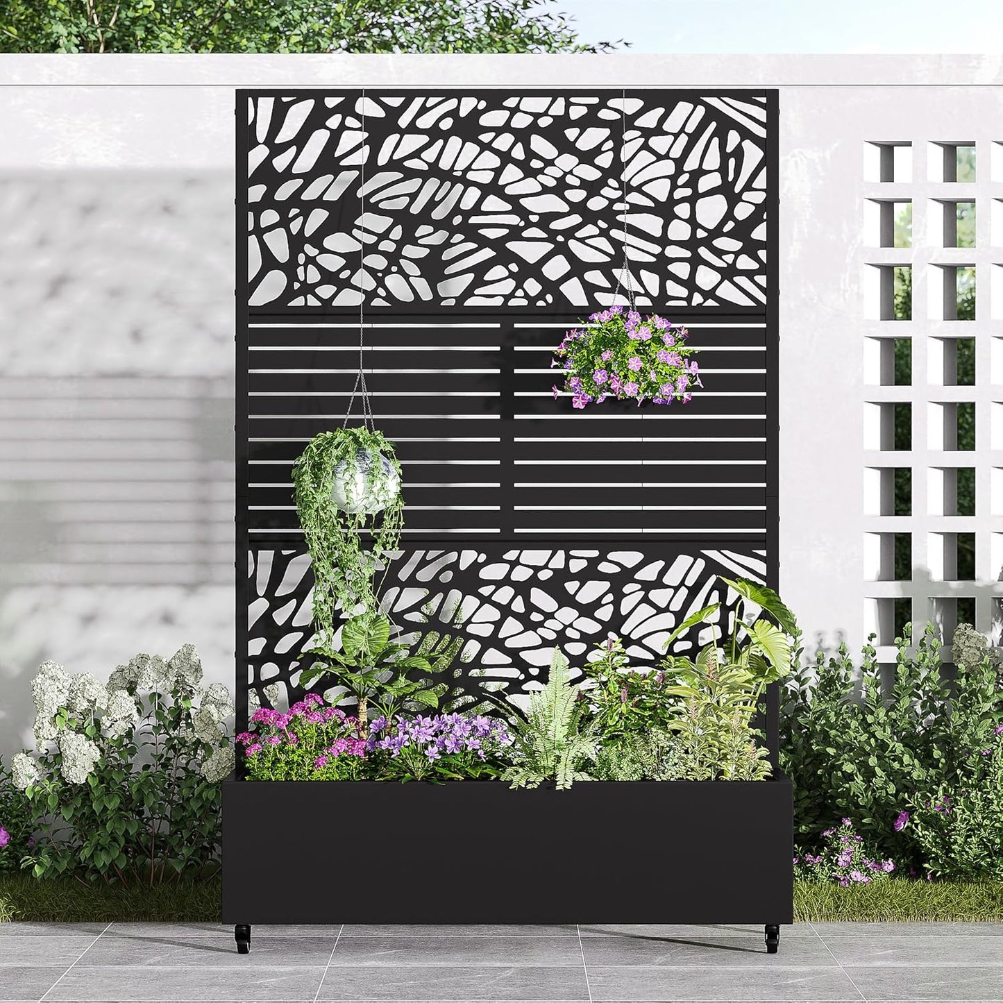Casaphoria Metal Raised Garden Bed with Trellis and Wheels, 72"x47"x16" Planter Box for Climbing Plants, Vegetables & Vines, Features Drainage Holes and Privacy Screen, Black(Net&Helen)