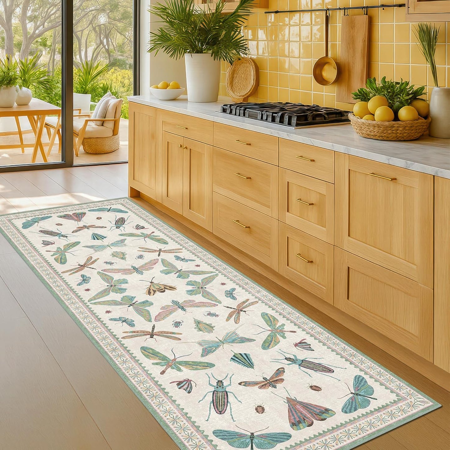 Boho Bathroom Runners - 2x6 Blue and Green Rug for Kitchen, Entry Way, Non Slip Washable Butterfly Insect Print Home Decor